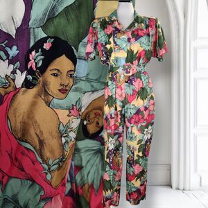 Vintage Carol Anderson Tropical Rayon Jumpsuit Size 8 Belted Wahine Relaxed Fit